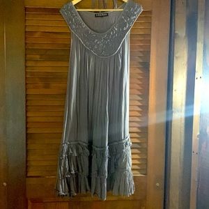 Lagenlook, cottagecore tie back ruffled hemline ruched neckline dress